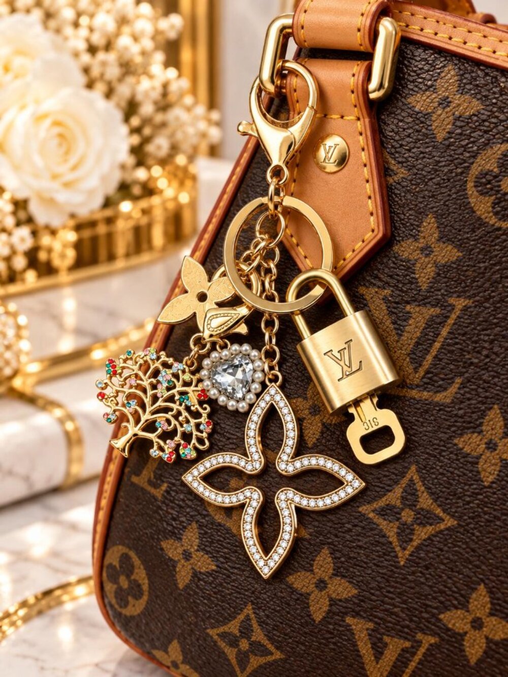 Authentic Louis Vuitton Gold Lock 🔒Unbranded Flower Keychain Bag Charm LV